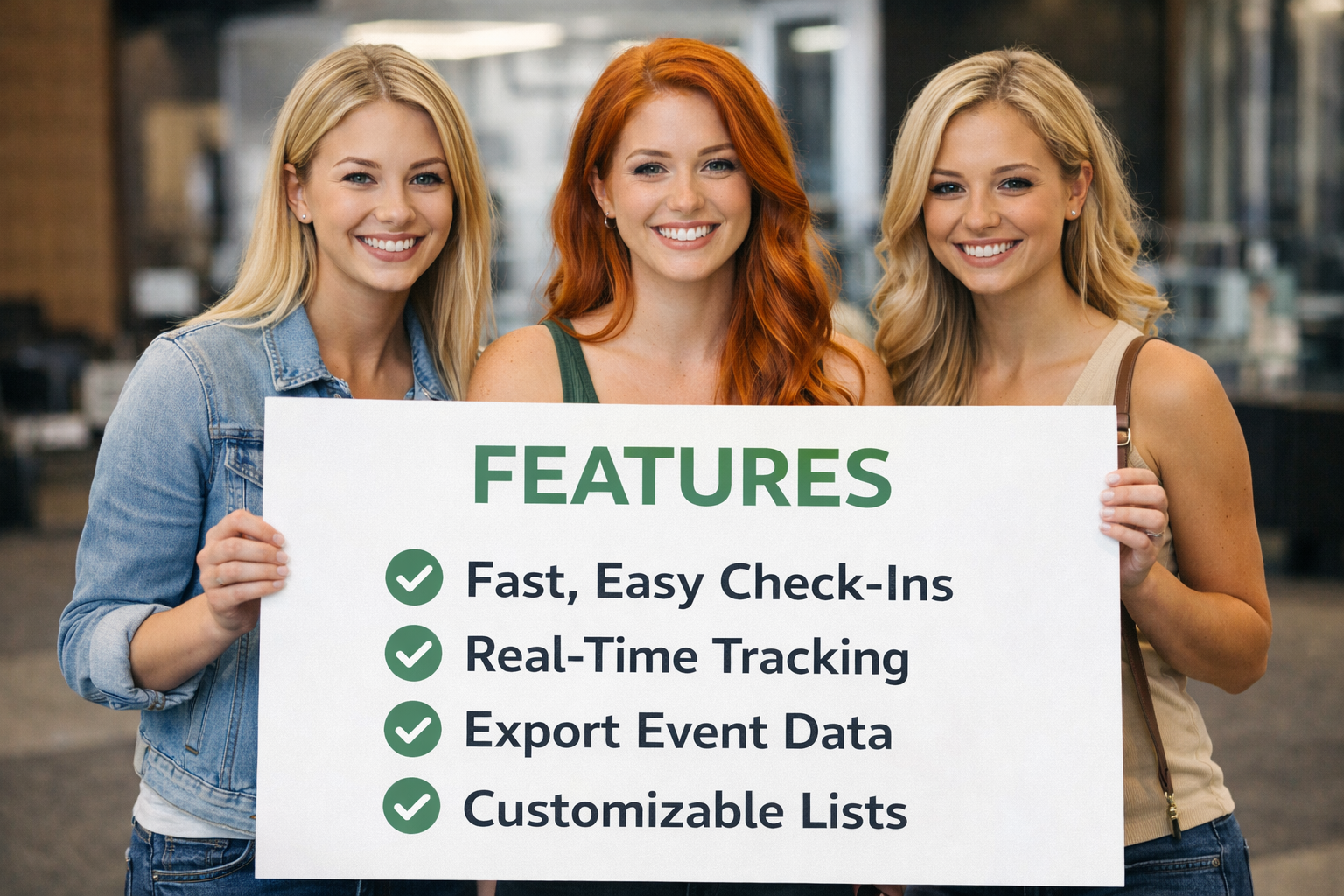 Three smiling guests holding a sign listing EventCheckInList features.